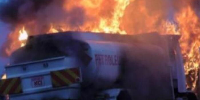 A fuel tanker in flames. On Thursday, November 14 a tanker collided with a truck killing two.