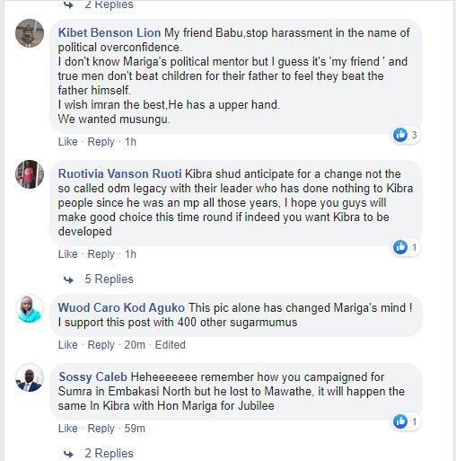 A screenshot of some of the comments shared after Babu Owino's posted his message to McDonald Mariga 