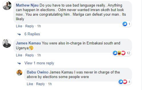 A screenshot of some of the comments shared after Babu Owino's posted his message to McDonald Mariga 