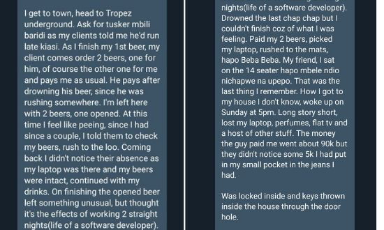 A screenshot of some of the screenshot shared by Droid on twitter regarding confessions from men who had been drugged in bars