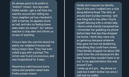 A screenshot of some of the screenshot shared by Droid on twitter regarding confessions from men who had been drugged in bars 
