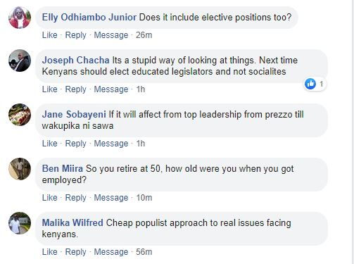 A screenshot of some reactions to Jaguar's motion to reduce the retirement age from 60 years to 50 years