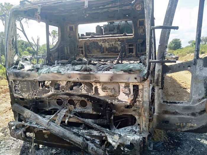 A truck that was set ablaze by suspected Al Shabab Militia on February 9.