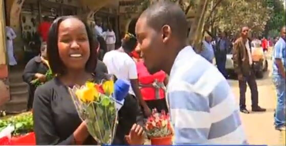 KTN News presenter Timothy Otieno suprises co-presnter Grace Kuria with a bouquet of flowers on Valentines Day, Friday, February 14