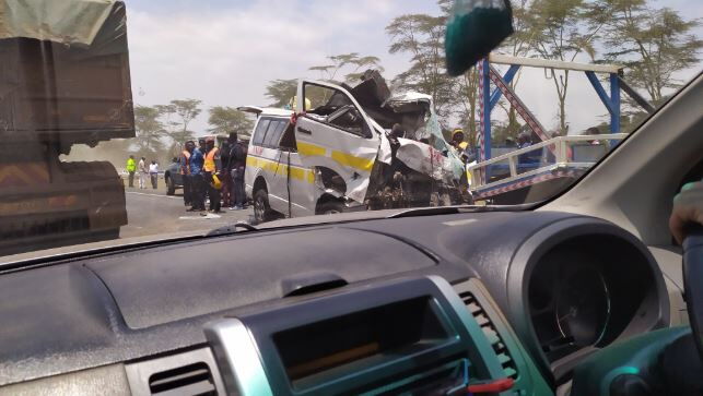 The matatu involved in a horrific road accident in Naivasha. It is feared to have claimed three lives.
