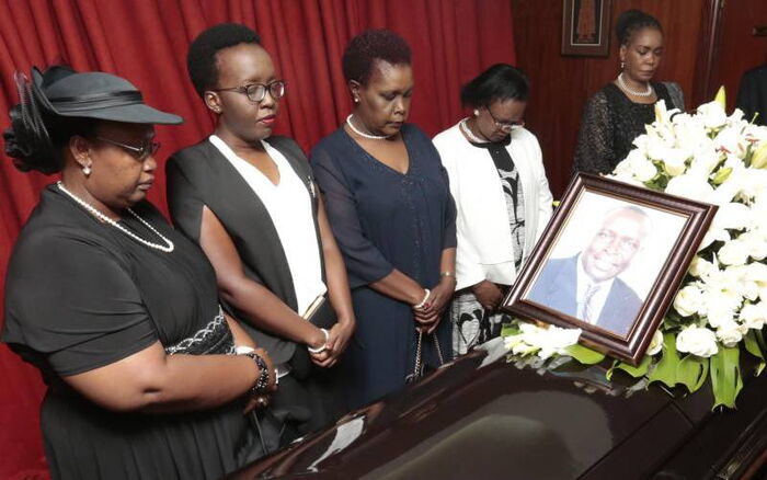 From left: The late Jonathan’s wife Sylvia Toroitich, daughter Barbra Jonathan, Jonathan’s Sister Doris Elizabeth, family friend Mary Mengech and Elizabeth Kimkung at Lee Funeral Home