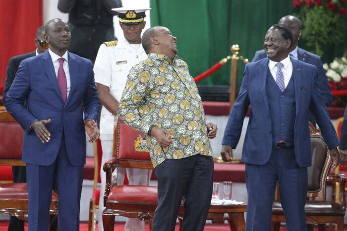 From left: Deputy President William Ruto, President Uhuru Kenyatta and ODM leader Raila Odinga during the unveiling of the BBI report on November 27, 2019.