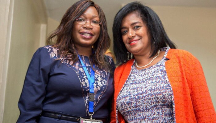 Betty Adera (left) with Nairobi Woman Representative Esther Passaris during recording of the Madam President show in December 2019