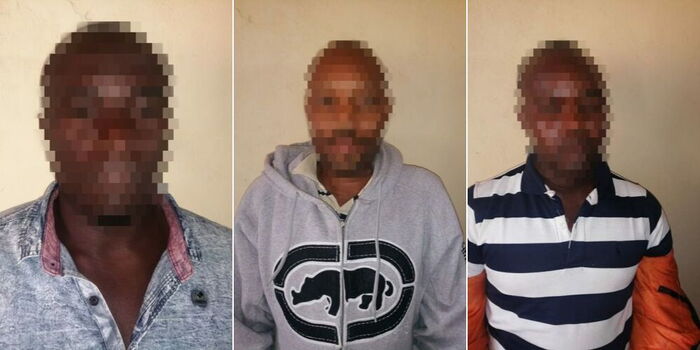 Blurred mugshots of the three DCI officers nabbed smuggling bhang in a government vehicle.