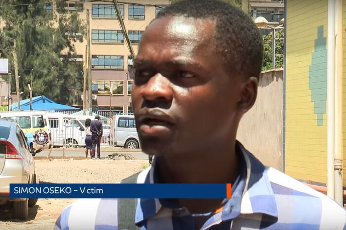 Simon Osieko, man who was captured on CCTV getting whipped by a Chinese national speaks to the press on Saturday, February, 8, 2020.