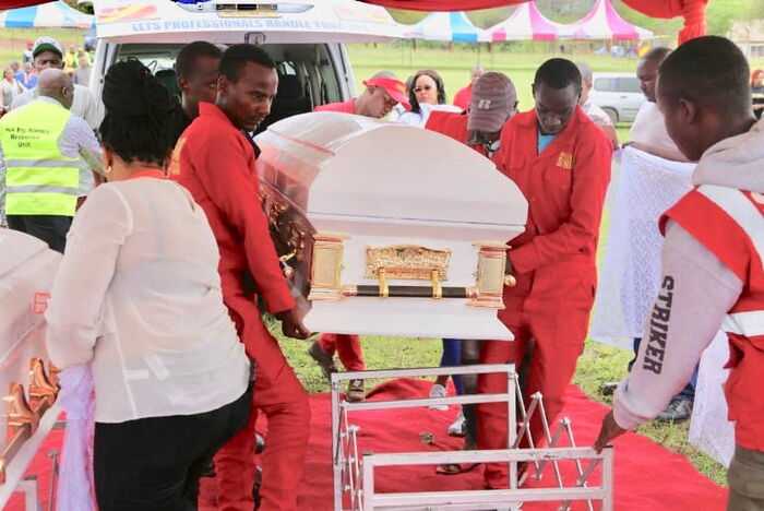 A casket of one of the ferry victims being put on a stand by Sonko rescue team. The two were buried in one grave on Saturday, October 19  at Mung'ala Village in Makueni county.