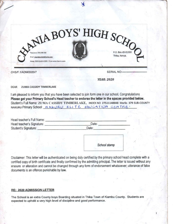 A copy of Cassidy's admission letter to join Chania Boys' High School