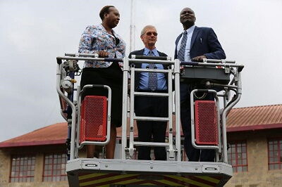Chief Officer Disaster management with officials from Belgium Government testing a turntable ladder at industrial area fire station.