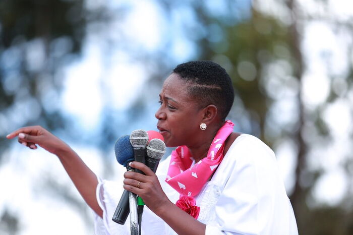 Murang'a Woman Rep Sabina Chege speaking at a past Team Embrace rally