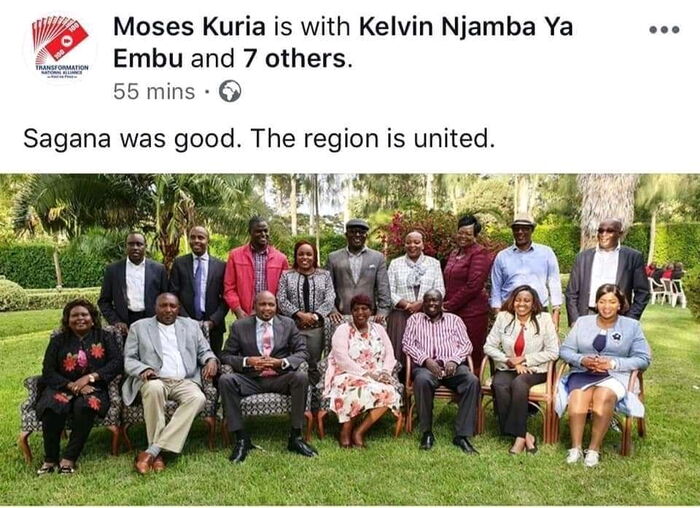 Moses Kuria's post of the viral photo of some Mt Kenya leaders after meeting President Uhuru Kenyatta on Friday, November 15 in Nyeri