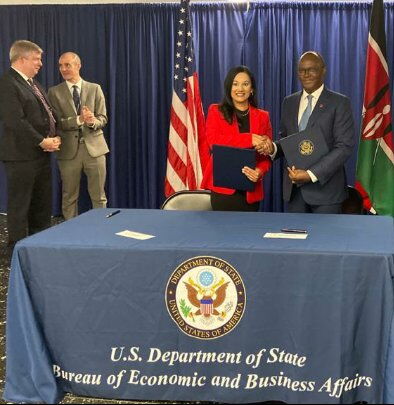 Transport Cabinet Secretary James Macharia and US Assistant Secretary of State for Economic and Business Affairs Manisha Singh pose after signing the revised Bilateral Air Services Agreement in Washington, D.C. on Thursday, February 6