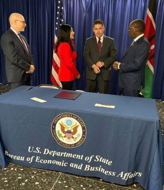 US Assistant Secretary of State for Economic and Business Affairs Manisha Singh, US Ambassador Kyle McCarter and Transport Cabinet Secretary James Macharia after signing the revised Bilateral Air Services Agreement in Washington, D.C. on Thursday, February 6