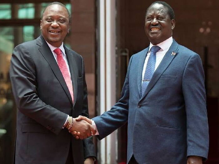 President Uhuru Kenyatta and AU envoy Raila Odinga at Uhuru's Nyayo House office in Nairobi after the March 2018 handshake. 