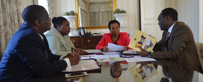 State House Deputy Chief of Staff Ruth Kagia (red) in a meeting to put final touches ahead of President Uhuru Kenyatta's appointment with President Donald Trump in Washington DC in 2018.