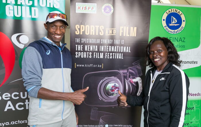 Kenyan International Athletic Legends Douglas Wakiihuri (left) and Rose Tata Muya at the Kenya International Sports Film Festival.