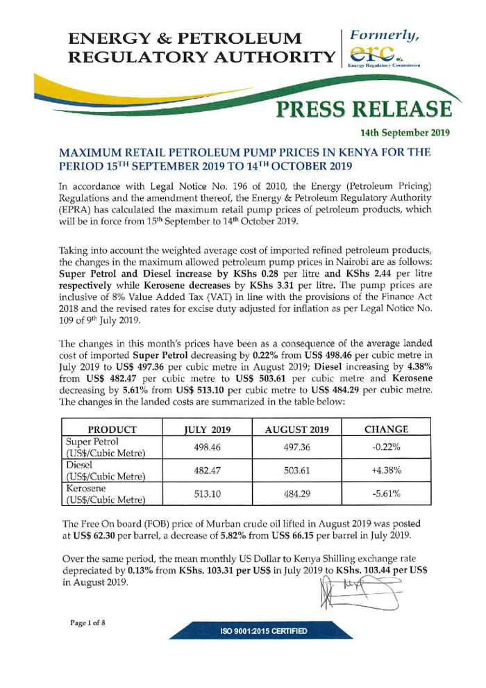 Image of the Press Release Issued by EPRA September 14, 2019