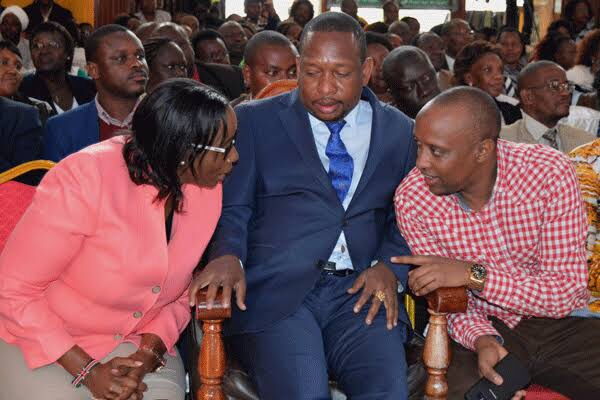 Embattled Nairobi speaker Beatrice Elachi, Governor Mike Sonko and majority leader Abdi Guyo. Photo: Daily Nation.