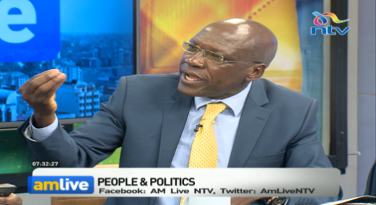 Former Kakamega Senator Boni Khalwale speaking at NTV's AMLive show. He told a story of how he evaded arrest by disguising as a chef.