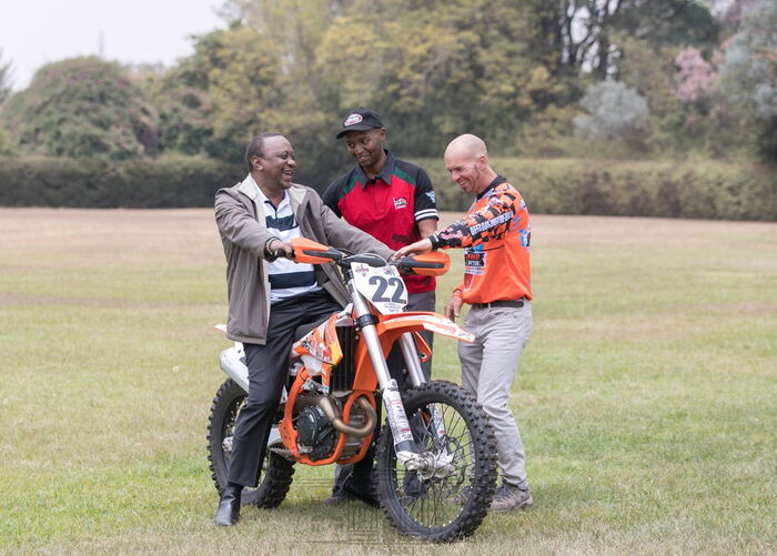 President Uhuru Kenyatta on a motorbike at State House on August 23, 2019.