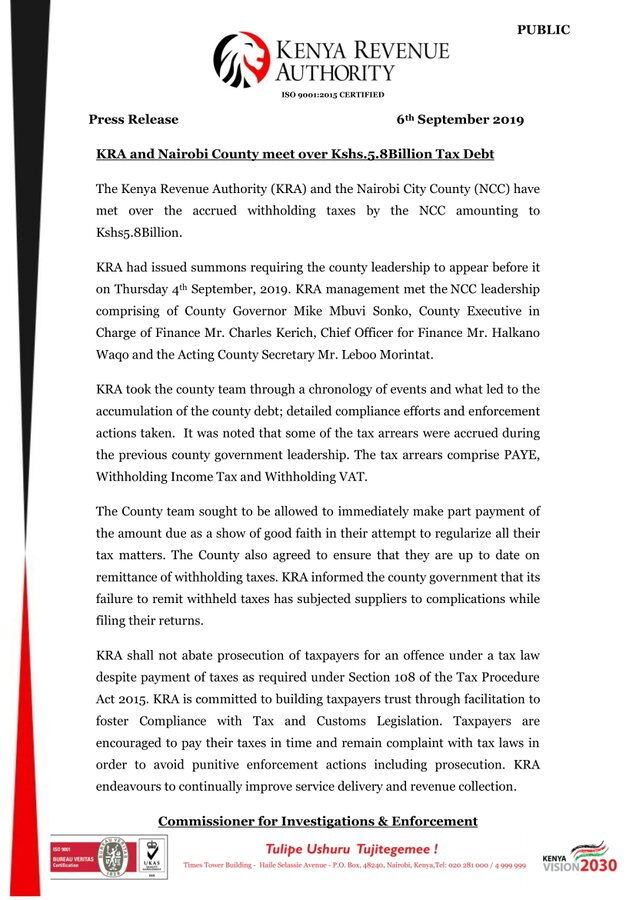 The press statement issued by KRA following a meeting with Nairobi County Government Officials