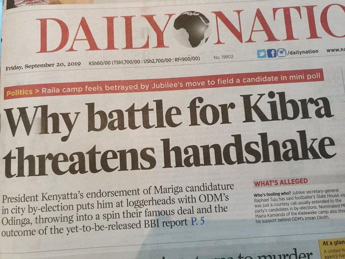 The Daily Nation September 20, 2019. DP William Ruto disagreed with the message shared on their headline