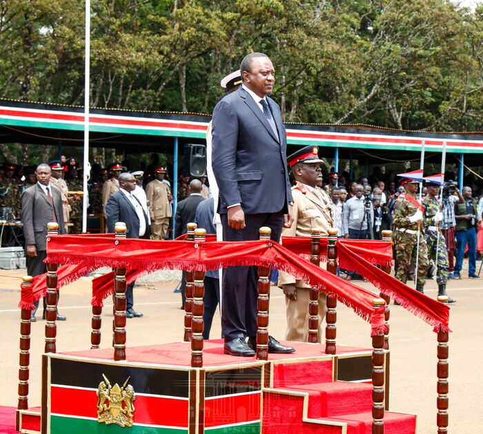 President Uhuru Kenyatta presiding over the pass out ceremony of KDF recruits at Moi Barracks in Eldoret. President Kenyatta applauded the high number of female recruits