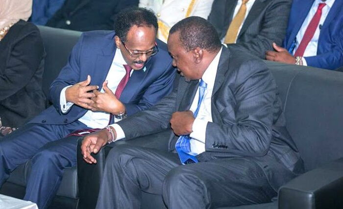 President Uhuru Kenyatta and Somali President Mohamed Farmaajo consulting.