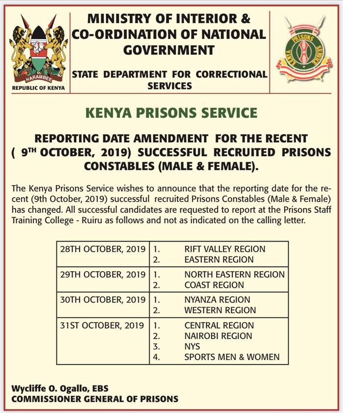 Official notice on the dates of reporting from Kenya Prisons. Photo: Twitter