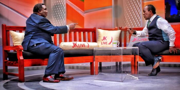 COTU Secretary General Francis Atwoli and Citizen TV journalist Jeff Koinange during the JKL show on Wednesday night October 23. He opined that Kenyatta will run for the presidency again in 2022. 