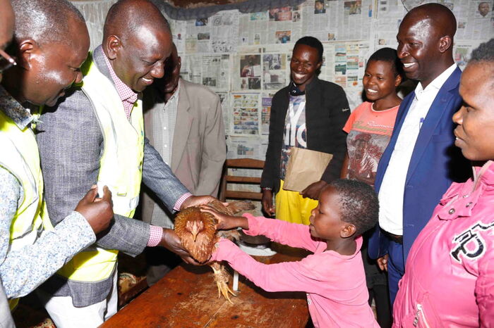 Young girl gifts DP William Ruto a chicken on Saturday October 26. He was in the county to oversee the installation of electricity as part of the last mile project in the county.
