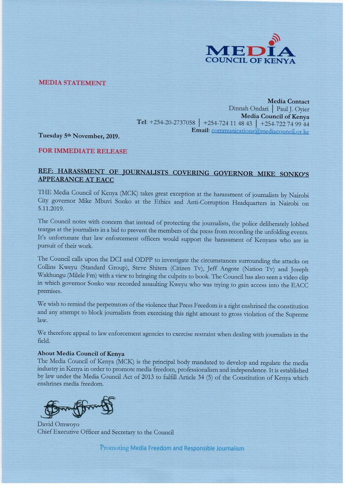 MCKS's reaction to Mike Sonko's alleged assault of a journalist at EACC headquarters on Tuesday, November 5