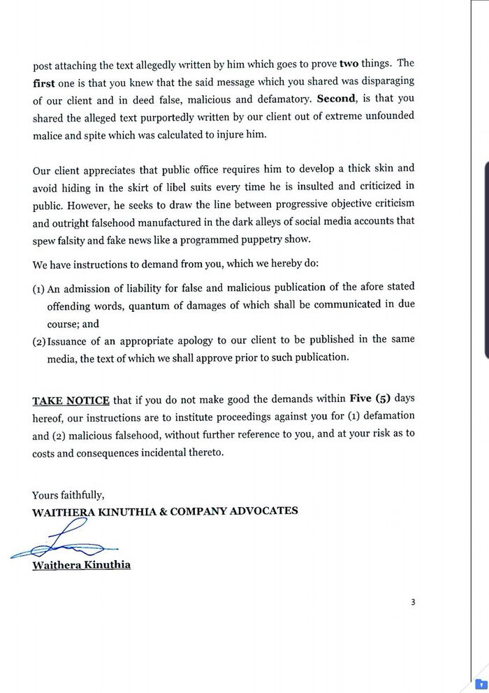 A part of the letter served to Polycarp Hinga by Dennis Itumbi's lawyers on Thursday, November 21, 2019. Itumbi argued that the blogger's tweet had made him suffer distress and embarrassment