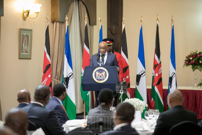  Lesotho PM Thomas Thabane addresses guests at State House, Nairobi on Monday, November 11, 2019. During a joint press conference upon his arrival, his speech went missing