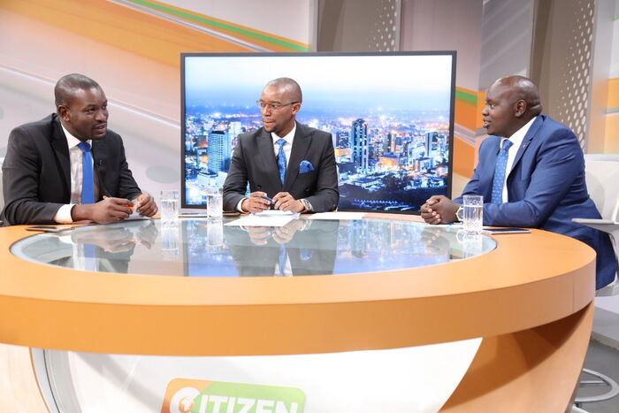 Citizen TV Anchor Waihiga Mwaura (center) interviews ODM Sec-Gen Edwin Sifuna and Nandi Senator Samson Cherargei on Tuesday, November 12, 2019.
