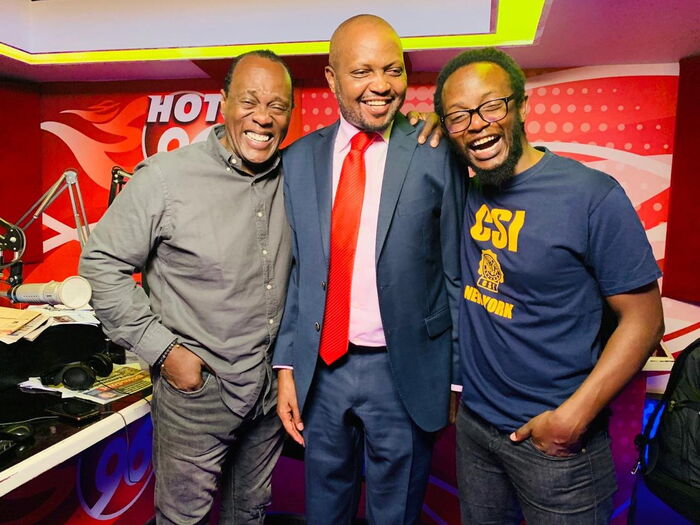 Gatundu South MP Moses Kuria with Hot 96 morning show hosts Jeff Koinange and Professor Hamo