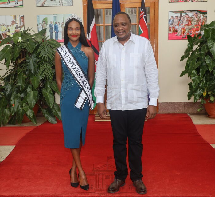 President Uhuru Kenyatta and Miss Universe Kenya 2019 Stacy Michuki at State House on Tuesday, November 25