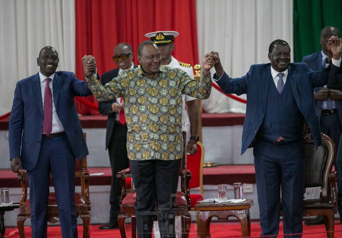 Deputy President William Ruto (left), President Uhuru Kenyatta and former Prime Minister Raila Odinga (right) during the BBI launch on Wednesday, November 27, 2019