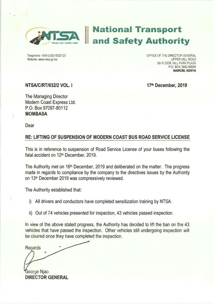 The letter shared by Modern Coast in a reply to NTSA