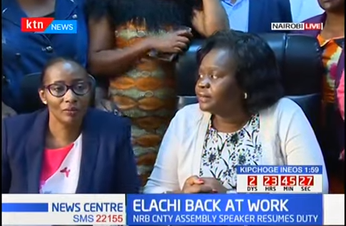 Beatrice Elachi and Homa Bay Women Representative Gladys Wanga. The two addressed the media after Elachi's victorious return.