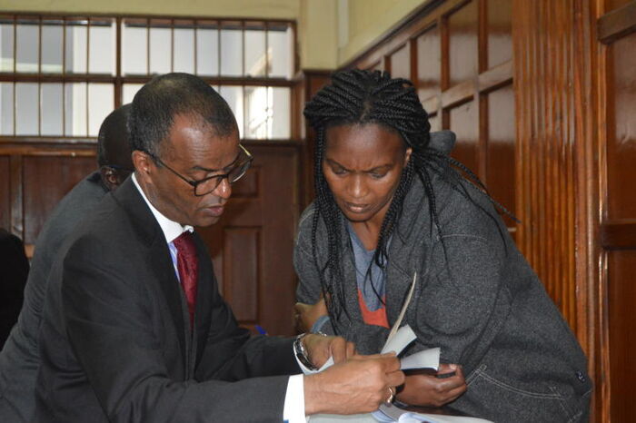 Sarah Wairimu Cohen and her lawyer Phillip Murgor a Milimani Law Court
