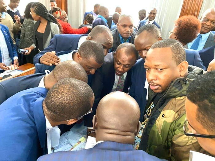 Nairobi Governor Mike Sonko (left) at the Milimani Law Courts in Nairobi on Monday, December 9, 2019, with his barrage of lawyers