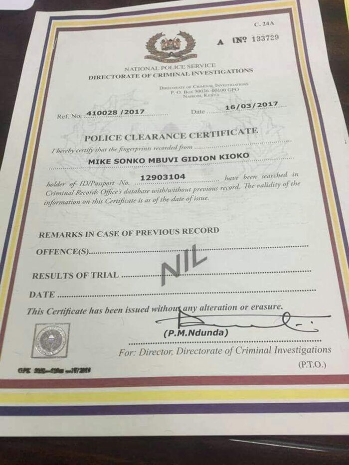 The good conduct certificate issued to Governor Mike Mbuvi Sonko