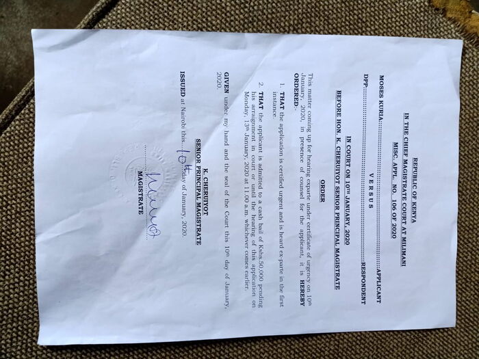 The court order that demanded Kuria's release after paying bail.