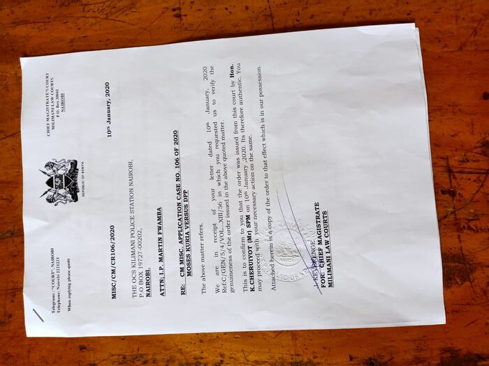 The order given to Kilimani OCPD over the detention of Moses kuria