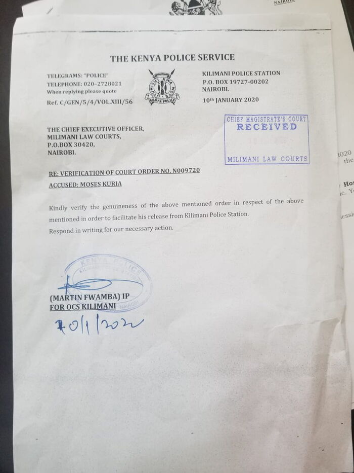 The letter shared by Kilimani OCPD demanding verification of Kuria's Bail order